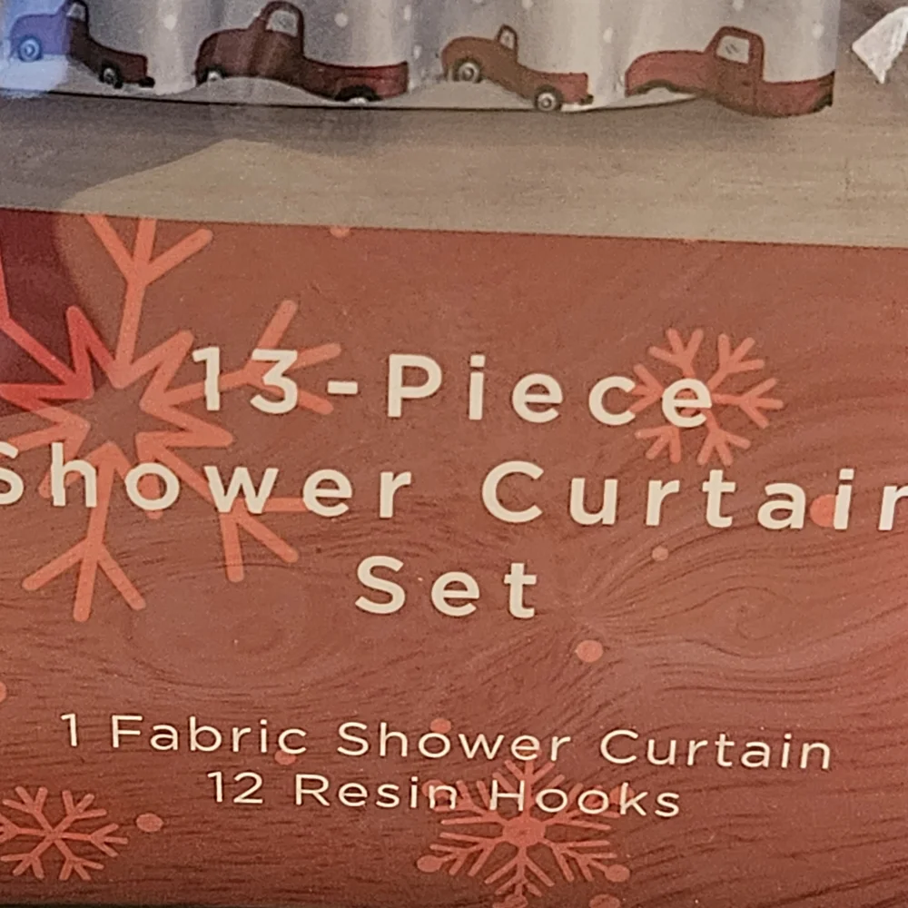 Christmas Red Truck Shower Curtain Set Holiday Bathroom Decor Fabric 72 x 72